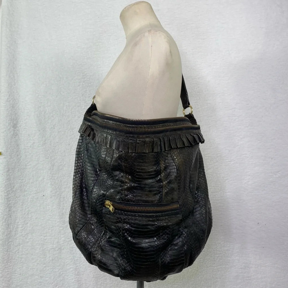 Angel Jackson XL python snakeskin fringe leather shoulder bag tote